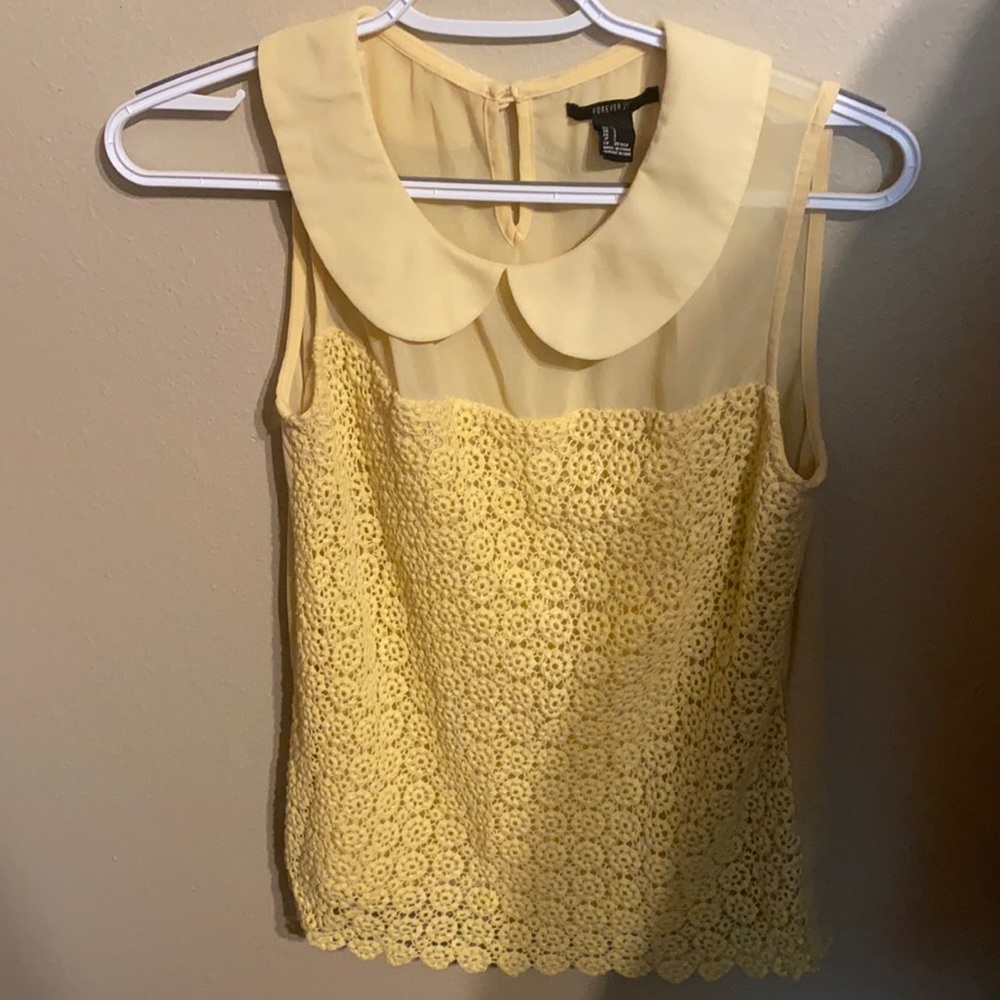 Yellow crochet sleeveless top w sheer detail